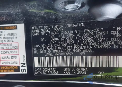 2007 Toyota 4Runner Sr5 V6 z USA, uszkodzony, nr VIN JTEBU14R970108392